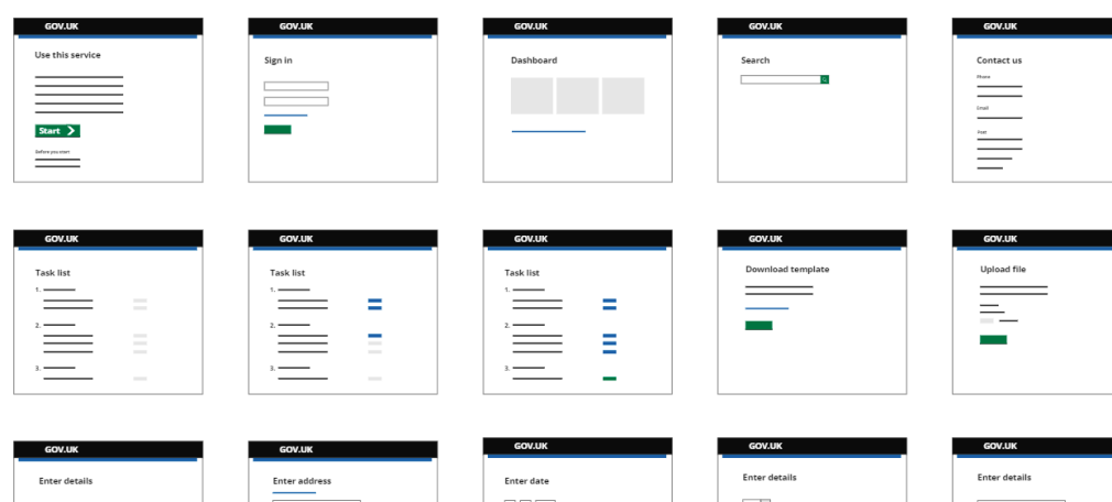 Section of a number of microscreens designed to mimic the design of different GOV.UK Prototype Kit pages